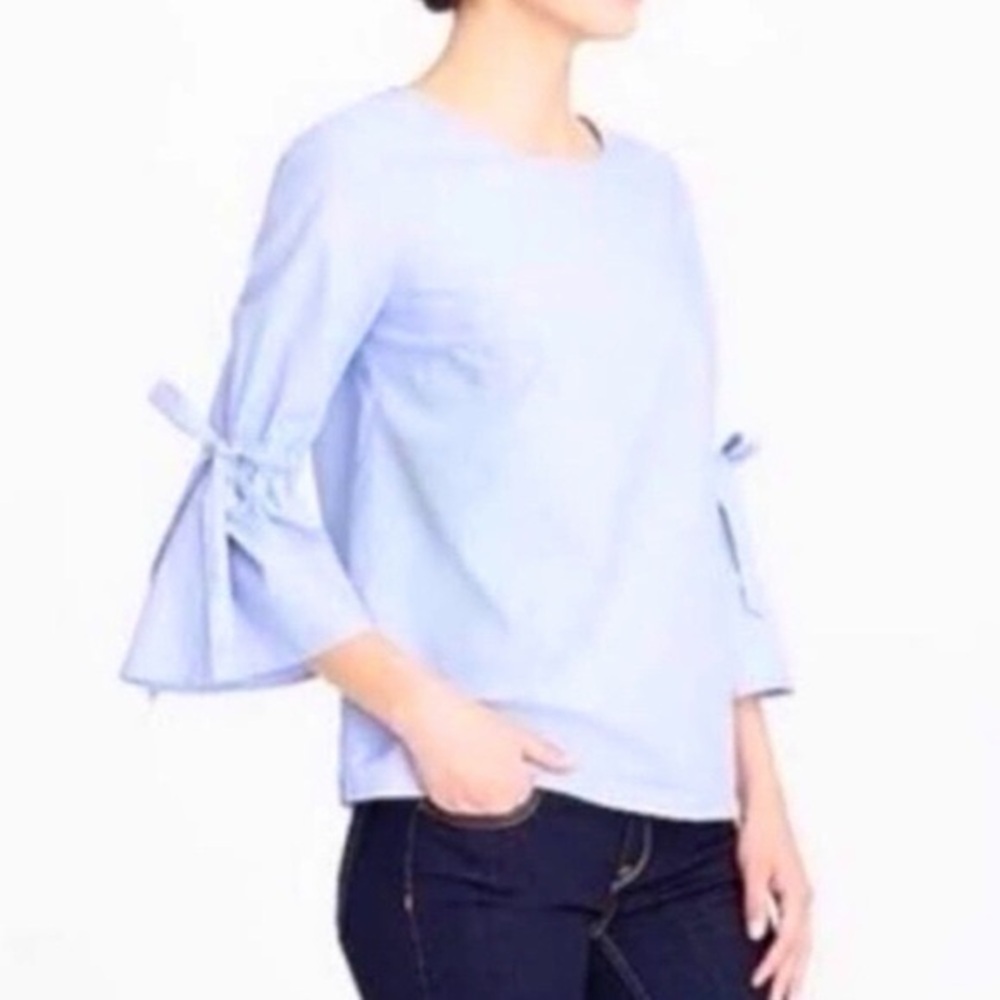 J.Crew Chambray Bell Sleeve Tie Top Light Blue Cotton Blouse Boho Preppy Size L - Picture 2 of 10